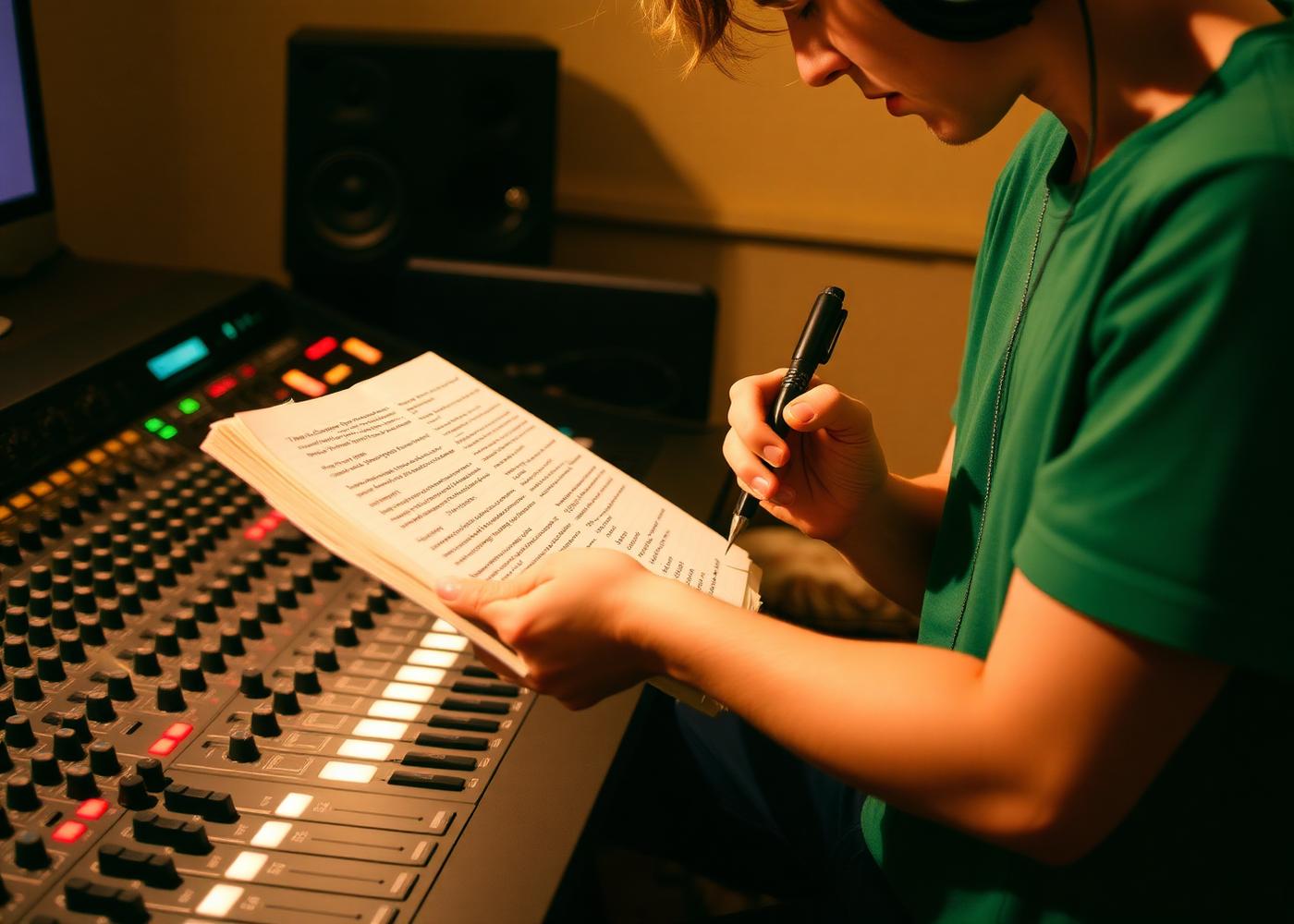 A young musician writing lyrics beside a mixing console.