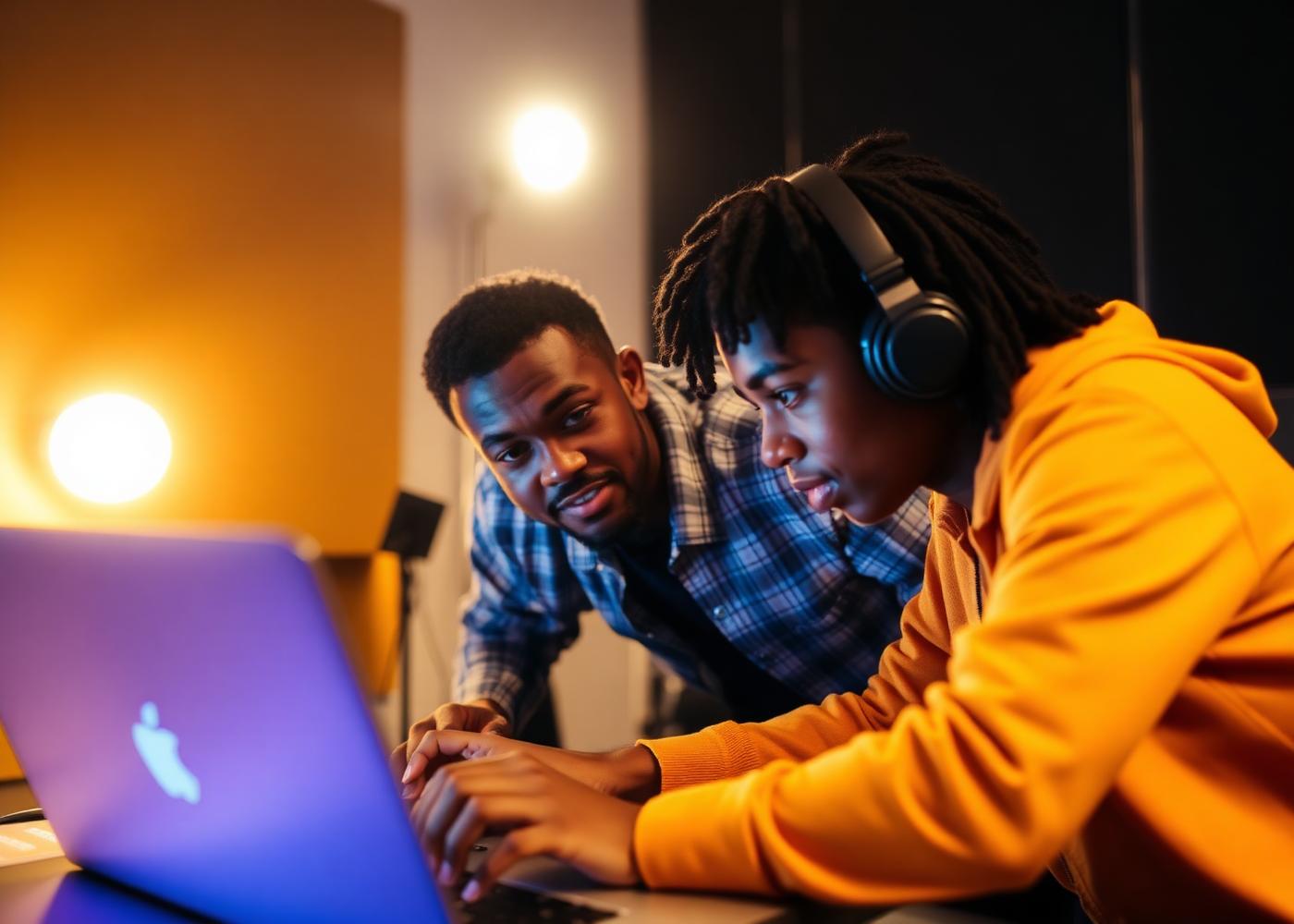 A mentor working with a teenage artist at a laptop.