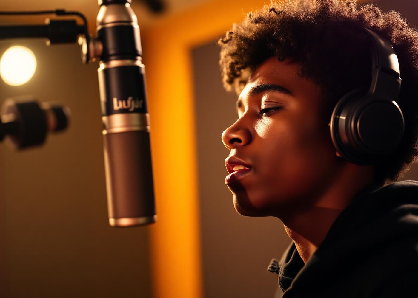 A teenage artist recording vocals into a studio microphone.