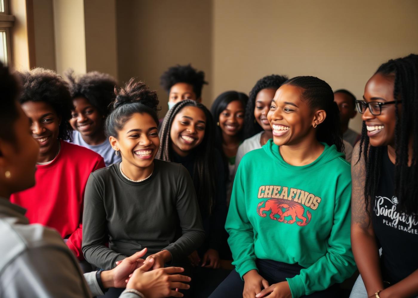 Chicago teens gathered in a music workshop, laughing together.